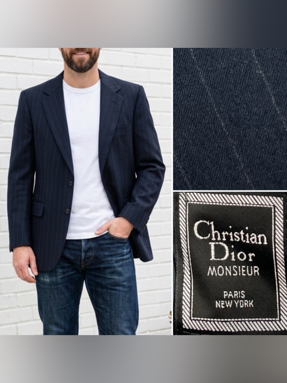 Christian Dior Men’s 42R Vintage Navy Pinstripe Wool Blazer Jacket Made In USA